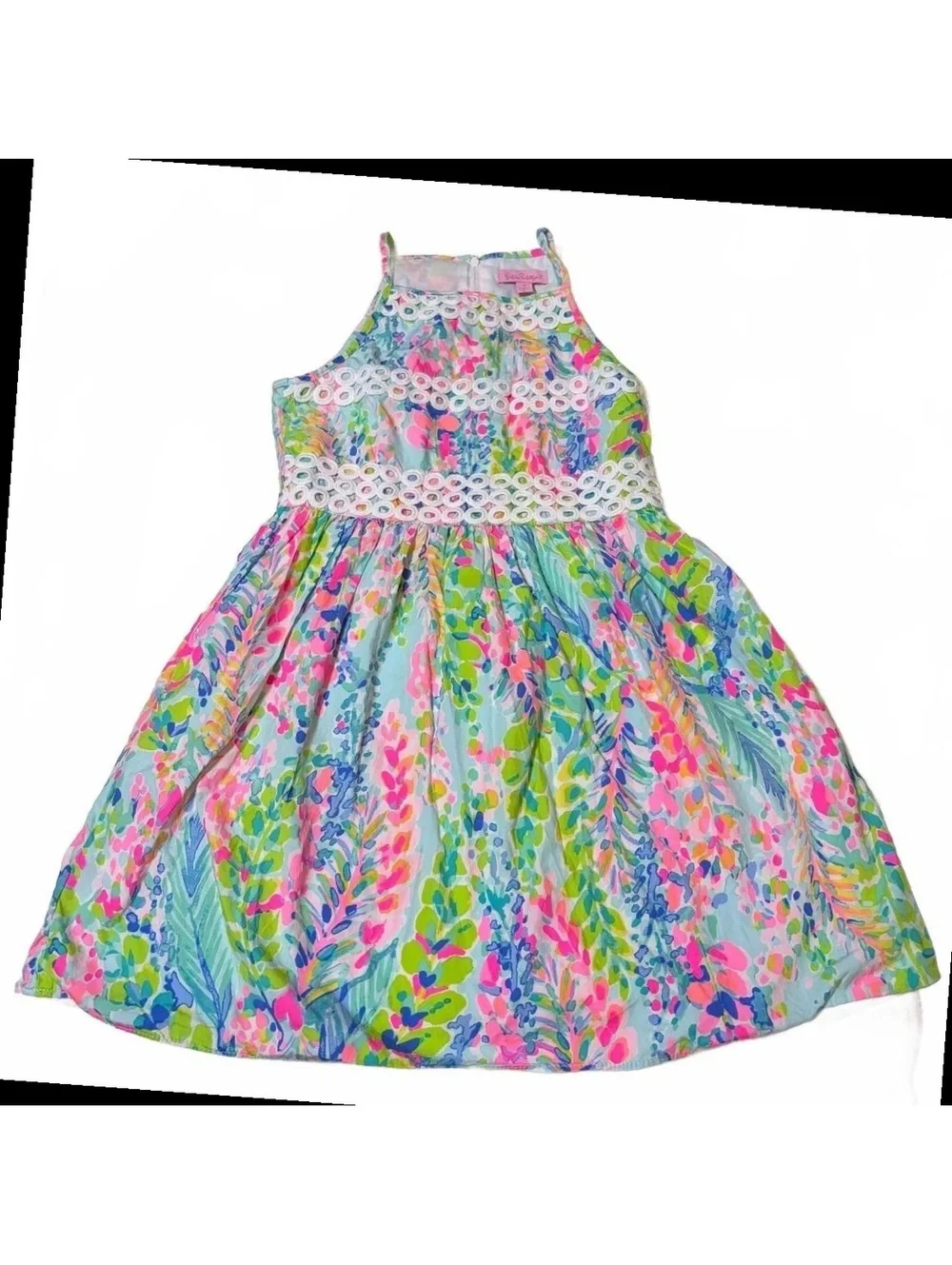 Lilly Pulitzer Girls Size 12 Floral Dress Multicolor Crochet Lace Trim Preppy